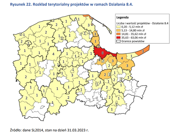 Rozkład terytorialny projektów w obszarze turystyki. Źródło: Ministerstwo Funduszy i Polityki Regionalnej