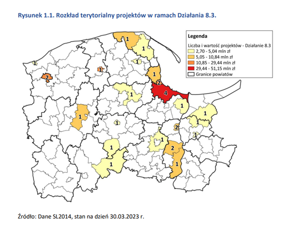 Rozkład terytorialny projektów w ramach obszary kultury. Źródło: Ministerstwo Funduszy i Polityki Regionalnej