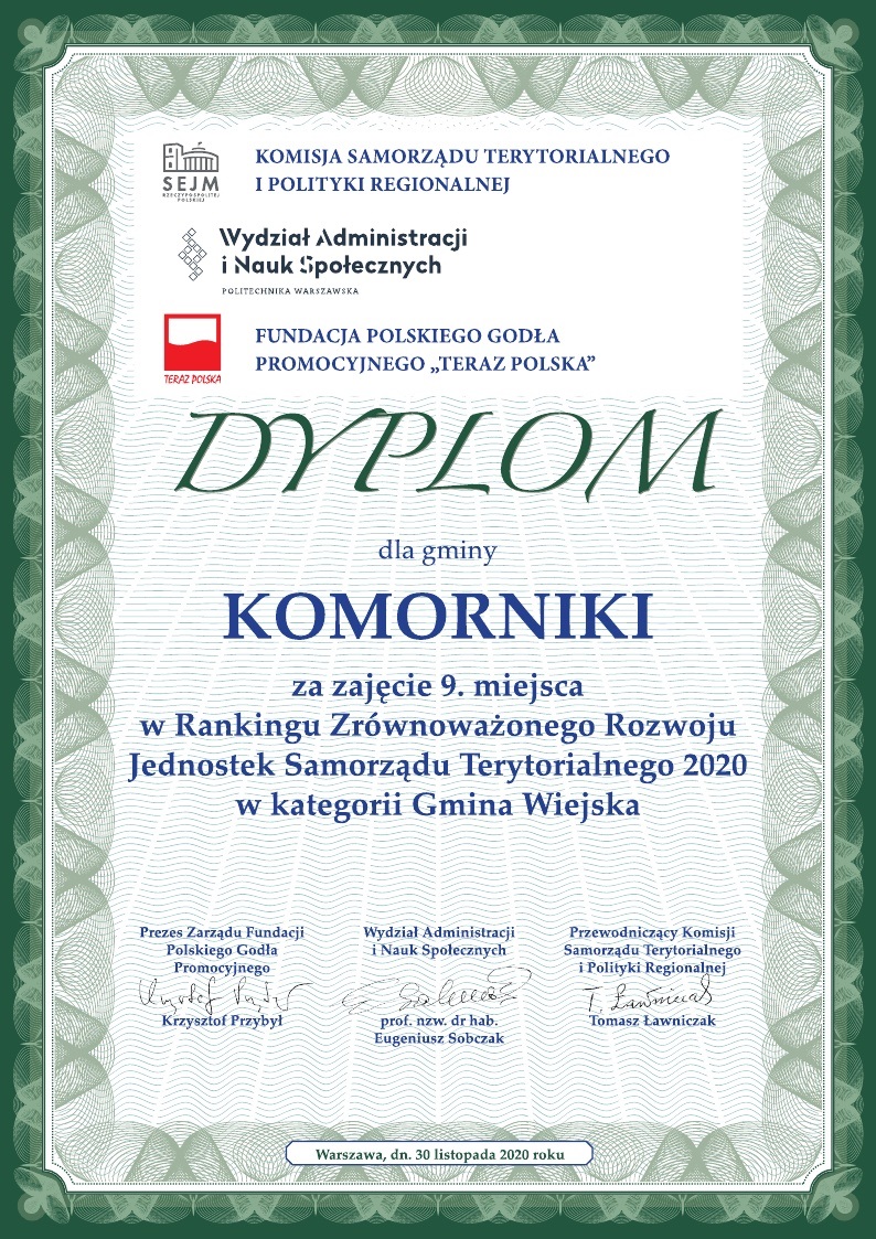 Fot. Dyplom - ranking JST 2020 - Komorniki