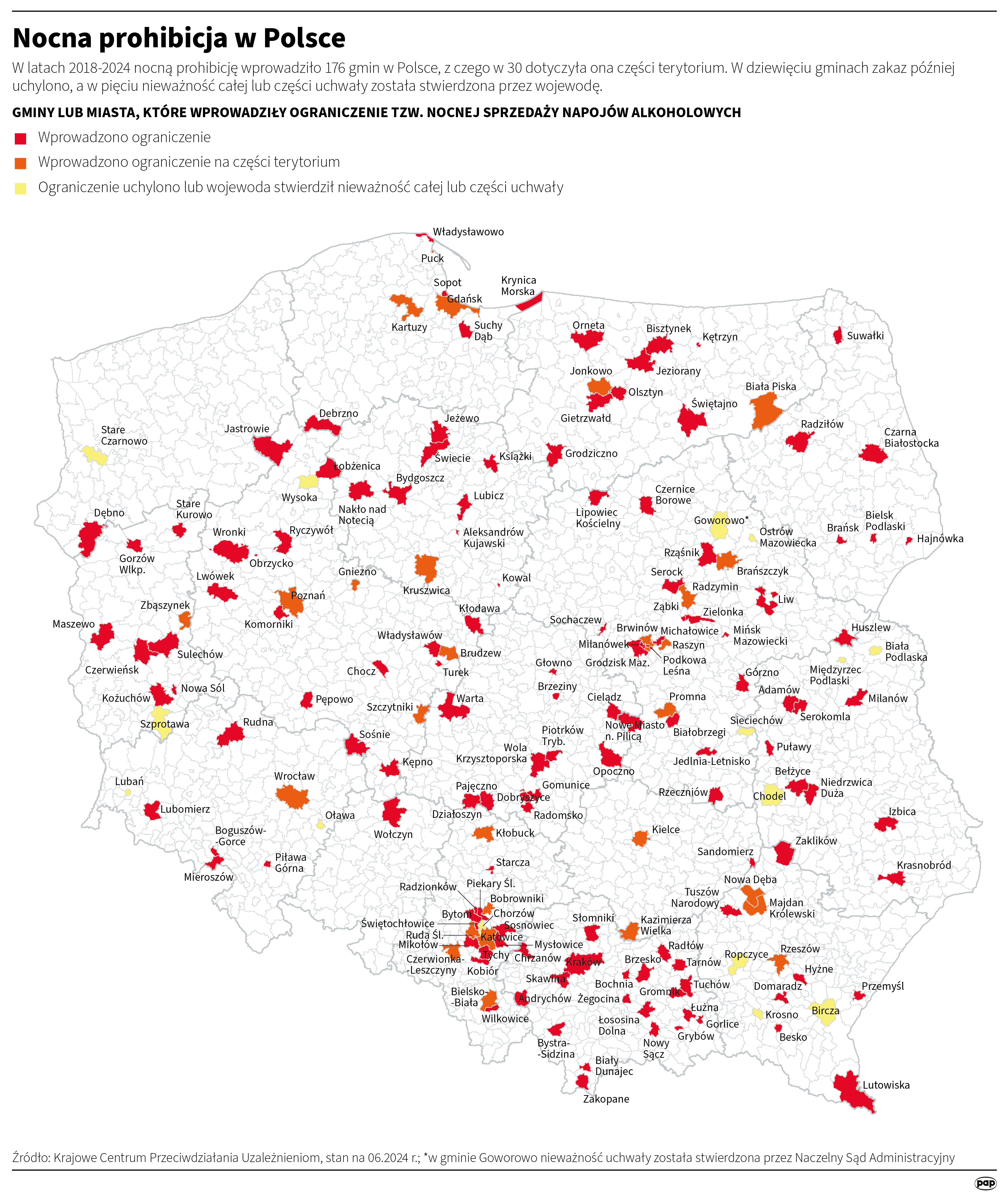 Gminy lub miasta, które wprowadziły ograniczenie tzw. nocnej sprzedaży napojów alkoholowych