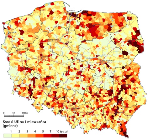 Wartość środków unijnych uzyskanych w gminach w przeliczeniu na 1 mieszkańca (2015-2021)