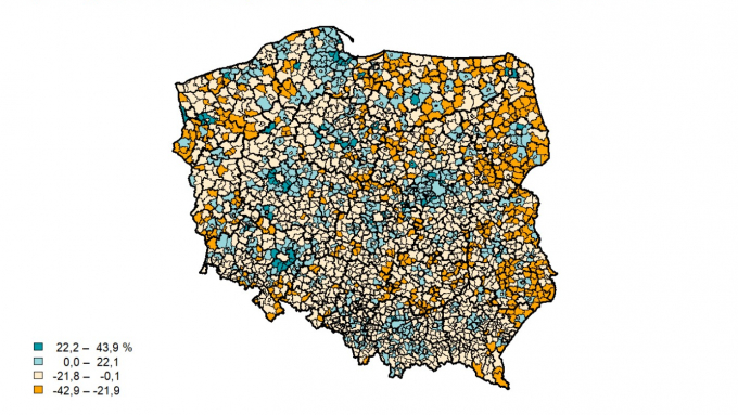Grafika GUS: Prognozowana zmiana liczby ludności w gminach